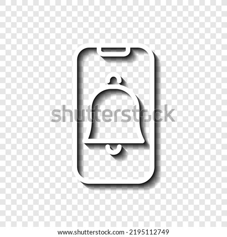Phone notification, alarm simple icon vector. Flat design. White with shadow on transparent grid. 