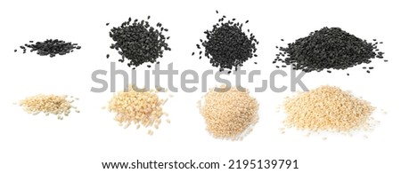 Set with different sesame seeds on white background. top view. Banner design Royalty-Free Stock Photo #2195139791