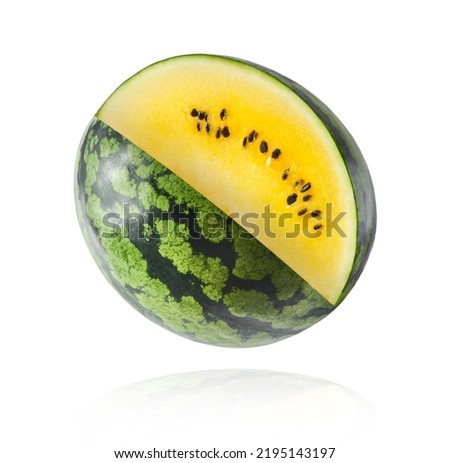Fresh ripe yellow watermelon falling in the air isolated on white bacckground. Zero gravity, food levitation concept. High resolution image.