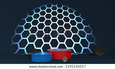 Black podium shelf or empty pedestal display on different color background. Empty stand to show the product. 3D rendering.