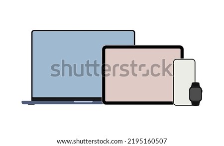 Modern Flat Devices. Laptop, Tablet, Smartphone, Smart Watch. Vector Illustration
