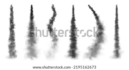 Realistic missile or bullet trail. Airplane condensation trails, jet aircraft tracks. Space rocket launch. Black smoke clouds, explosion. Steam flow. Vector illustration