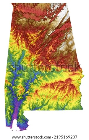 Alabama Color Elevation Map on White Background