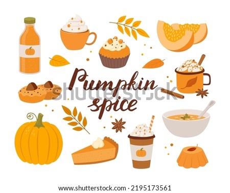 Set of pumpkin spice seasonal flavored products, coffee, latte, cake, soup, smoothie. Autumn food and drinks isolated on white background. Collection of tasty sweet desserts.  Royalty-Free Stock Photo #2195173561