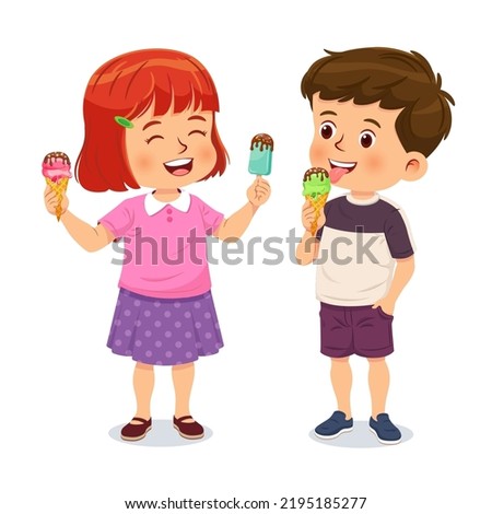 Cute little boy and girl enjoy delicious ice cream while feeling happy. Cartoon character isolated on white background. Vector illustration