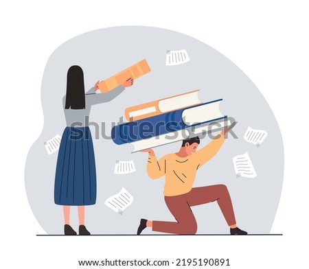 Unfair load distribution. Woman loading man with stack of books. Inequality and non observance of rights, incorrect duties and responsibilities. Overloaded character. Cartoon flat vector Royalty-Free Stock Photo #2195190891