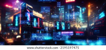 Future city and digital data concept. Wide image for banners, advertisements.  Royalty-Free Stock Photo #2195197475
