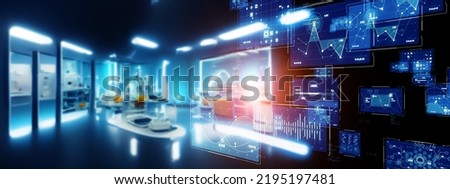 Future lab and digital data concept. Wide image for banners, advertisements. Royalty-Free Stock Photo #2195197481