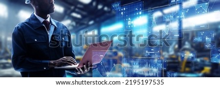 Engineer inspecting factory and digital data concept. Wide image for banners, advertisements.