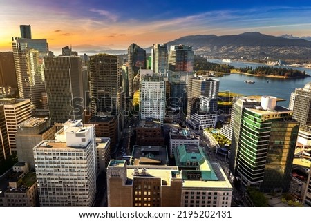 Panoramic aerial view of  Vancouver business district at sunset, Canada