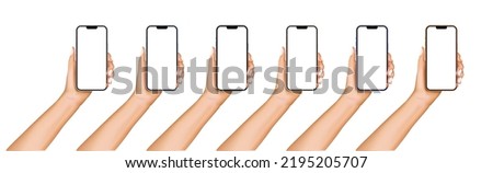 Human hand holding smartphone and smart mobile phone flat vector illustration. Realistic smartphone mockup. Phone with different colours. Vector.