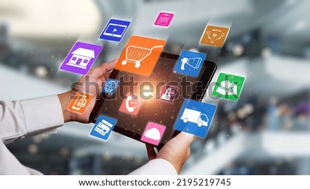 Omni channel technology of online retail business approach. Multichannel marketing on social media network offer service of internet payment channel, online retail shopping and omni digital app Royalty-Free Stock Photo #2195219745