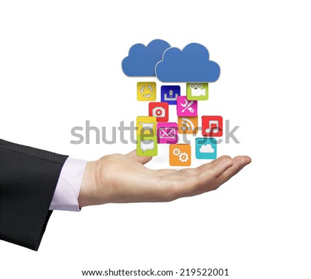 apps download from the cloud over a businessman hand