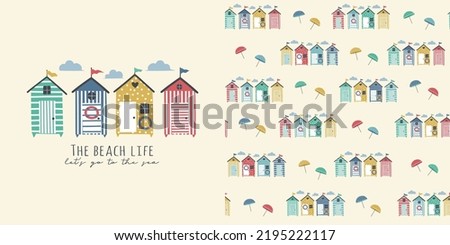 Graphic set of hand drawn illustration and seamless pattern with beach houses. Cute t-shirt and textile design for kids clothing. Use for fashion wear, apparel, t-shirt print, textile, surface design. Royalty-Free Stock Photo #2195222117
