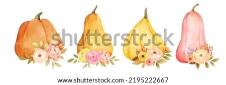 Draw vector illustration character design pumpkin with floral arrangement For fall Autumn harvest Watercolor style