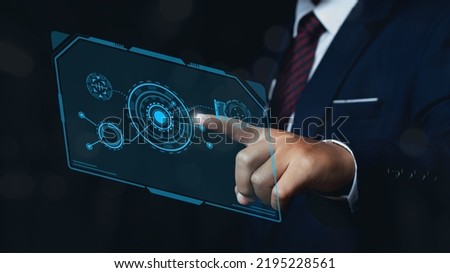 Businessman action Plan strategy with digital future technology Virtual Holographic interface. Digital link tech, internet of things. big data through internet technology. Business process objective.