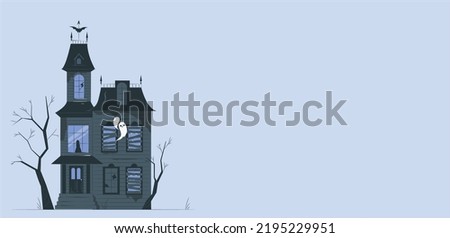 Haunted House with Dark Horror Atmosphere. Haunted Scene House. Haunted old house with the moon. Halloween image vector illustration. Haunted house and spooky full moon. flat style designed Royalty-Free Stock Photo #2195229951