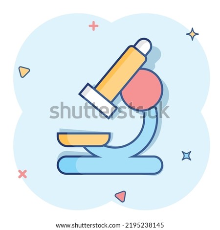 Vector cartoon microscope lab icon in comic style. Microscope sign illustration pictogram. Chemistry discovery business splash effect concept.