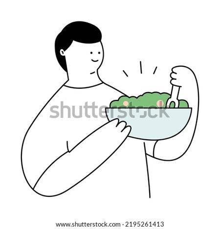 A cute cartoon man eat salad. Diet food,Healthy foods. Healthy and vegan food concept.Thin line vector illustration on white