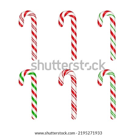 Christmas candy canes set. Christmas stick. Traditional xmas candy with red, green and white stripes. Santa caramel cane with striped pattern. Vector illustration isolated on white background. Royalty-Free Stock Photo #2195271933