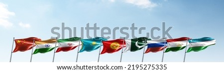 the national flags of the nine countries which are full member states of the Shanghai Cooperation Organization (SCO) international alliance