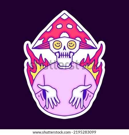 Hype skull in mushroom hat with fire cartoon, illustration for t-shirt, sticker, or apparel merchandise. With modern pop and retro style.