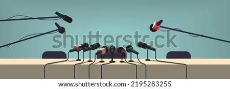 Press conference table with microphones equipment, empty chairs. Interview speech mass media event, news report presentation broadcasting, professional journalism, politics flat vector illustration Royalty-Free Stock Photo #2195283255