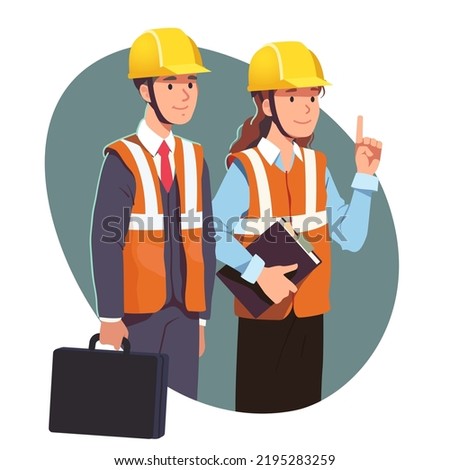 Construction manager man, constructing engineer builder woman. Constructor, architect or supervisor persons in safety helmets, vests. Building industry management workers flat vector illustration Royalty-Free Stock Photo #2195283259