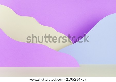 Fantasy cartoon landscape as abstract scene mockup with paper mountains in purple, blue, white color. Colorful background for advertising, design, card, presentation of cosmetic, gift, goods, poster.