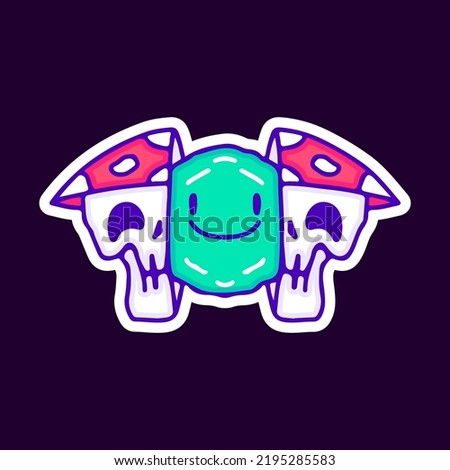 Two half of mushroom skull head with weed inside, illustration for t-shirt, sticker, or apparel merchandise. With modern pop and retro style.