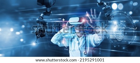  Medical technology. Health care, Medicine doctor using virtual reality headset with robots to research and testing result of patients on virtual interface, VR, innovation and science to future.