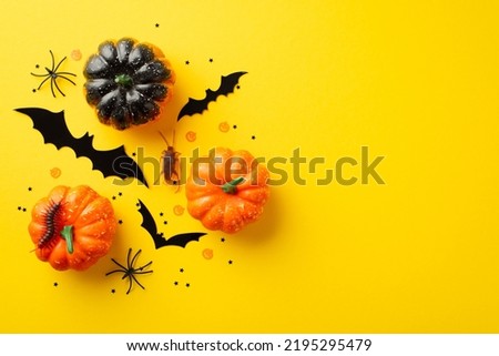 Halloween concept. Top view photo of small pumpkins bat silhouettes centipede cockroach spiders and confetti on isolated yellow background