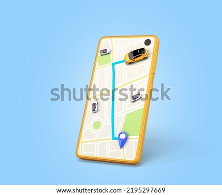 Ordering a taxi cab online internet service transportation concept navigation pin pointer with  yellow taxi on phone screen 3d render illustration on blue gradient
