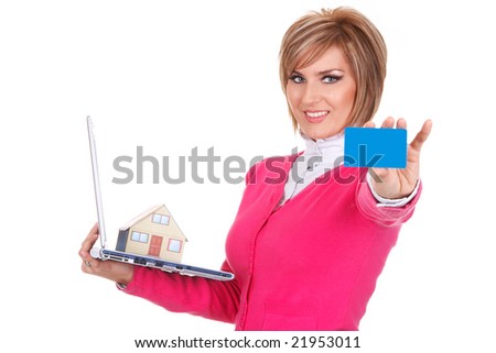 Businesswoman holding laptop computer, toy house and blank credit card isolated on white background