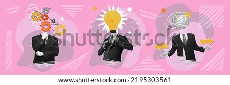 Contemporary art collage. Creative design. Businessman with tangled head generating new business ideas. Growing company success. Concept of brainstorming, enterprise, business, promotion