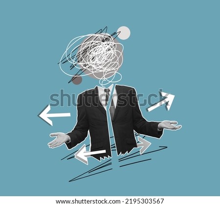 Contemporary artwork. Businessman with tangled head thinking about career development. Brainstorming. Finding right business diretion. Concept of motivation, success, professional growth. Taking
