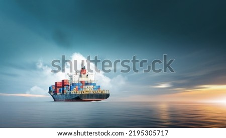 Container cargo ship in ocean at sunset dramatic sky background with copy space, Nautical vessel and sea freight shipping, International global business logistics transportation import export concept Royalty-Free Stock Photo #2195305717