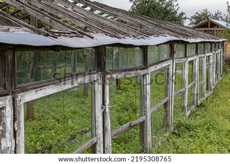  old abandoned greenhouse stands in the garden. skeleton of an old greenhouse in summer