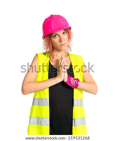 Worker woman pleading over white background