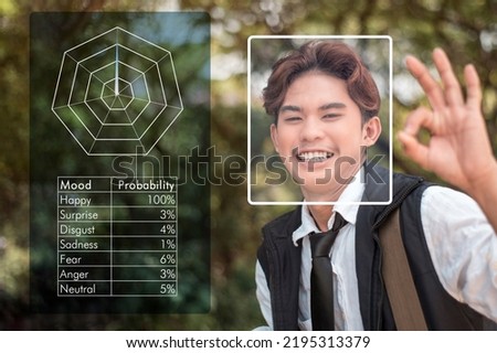 Emotion detection and recognition AI or affective computing concept. Computer vision technology analyzing facial cues and expressions of a happy asian man to assess emotional state probability.