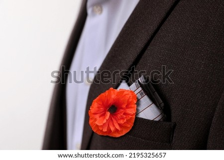 Man with with red poppy flower in suit pocket, closeup view. Remembrance symbol