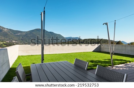 Modern house, outdoor, view from veranda