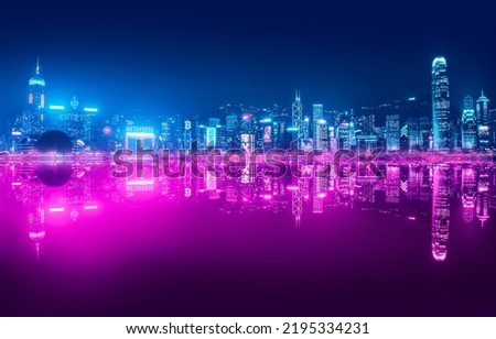 Metaverse crypto currency technology concept, Futuristic network neon city at night background in Hong Kong