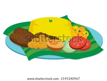 Vector Image: Traditional Indonesian Cuisine, Yellow Rice with Egg, Meat, Tempeh and vegetables  (Called: Nasi Kuning) Royalty-Free Stock Photo #2195340967