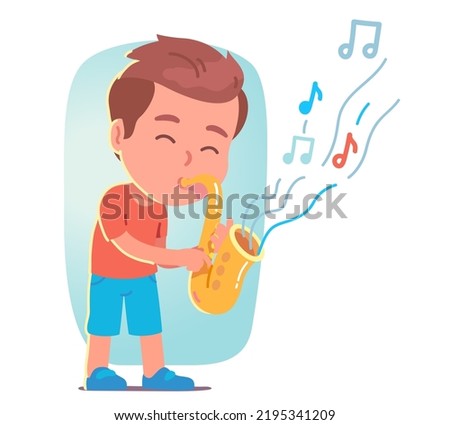 
Musician kid playing saxophone music instrument. Artist performer boy child person hold blowing in sax wind musical instrument. Performance, talent concert entertainment show flat vector illustration