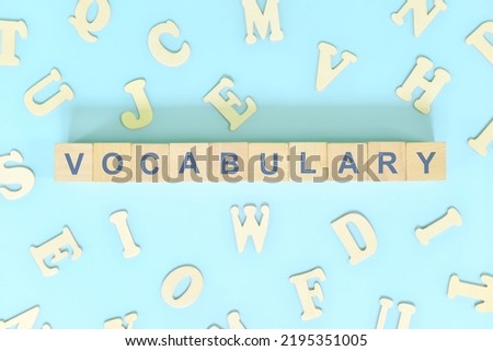 Vocabulary concept in English grammar and learning class lesson. Wooden blocks typography word flat lay in blue background.