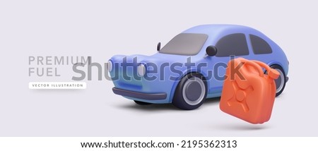 Concept poster for premium fuel in 3d realistic style with car and canister. Vector illustration