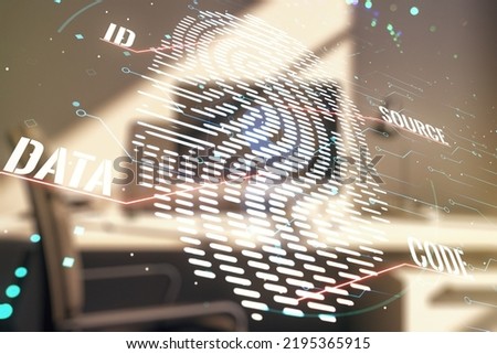 Abstract creative fingerprint concept and modern desktop with computer on background. Multiexposure