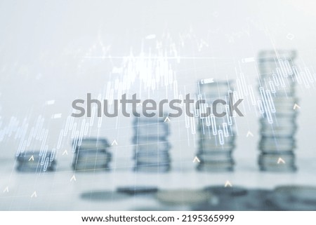 Multi exposure of abstract financial diagram and world map on growing coins stacks background, banking and accounting concept