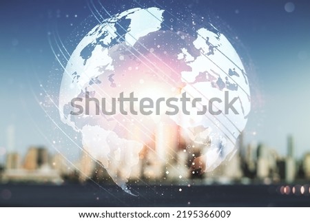 Multi exposure of abstract creative digital world map hologram on blurry skyline background, tourism and traveling concept